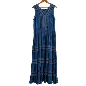 Boho Tiered Maxi Dress Sz L Crochet Smocked Waist Festival Coastal Country NAOO